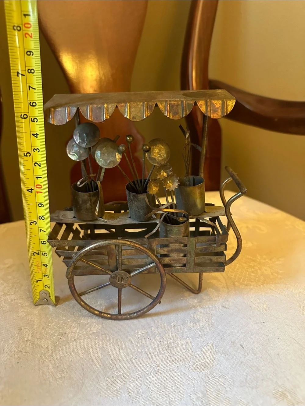 Vintage copper and brass 3D flower cart, wagon w/buckets of flowers